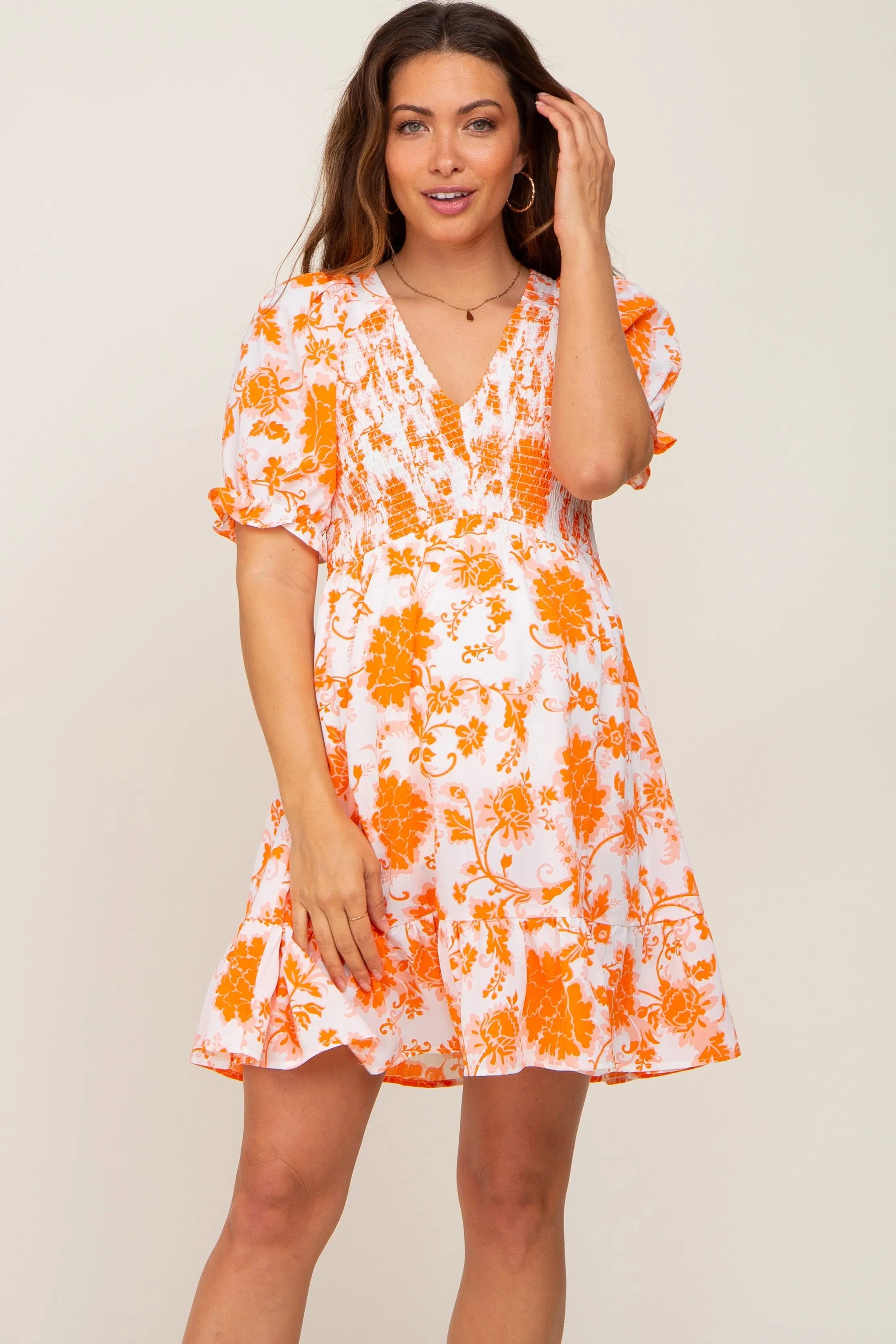 Orange Floral Smocked Puff Sleeve Maternity Dress PinkBlush