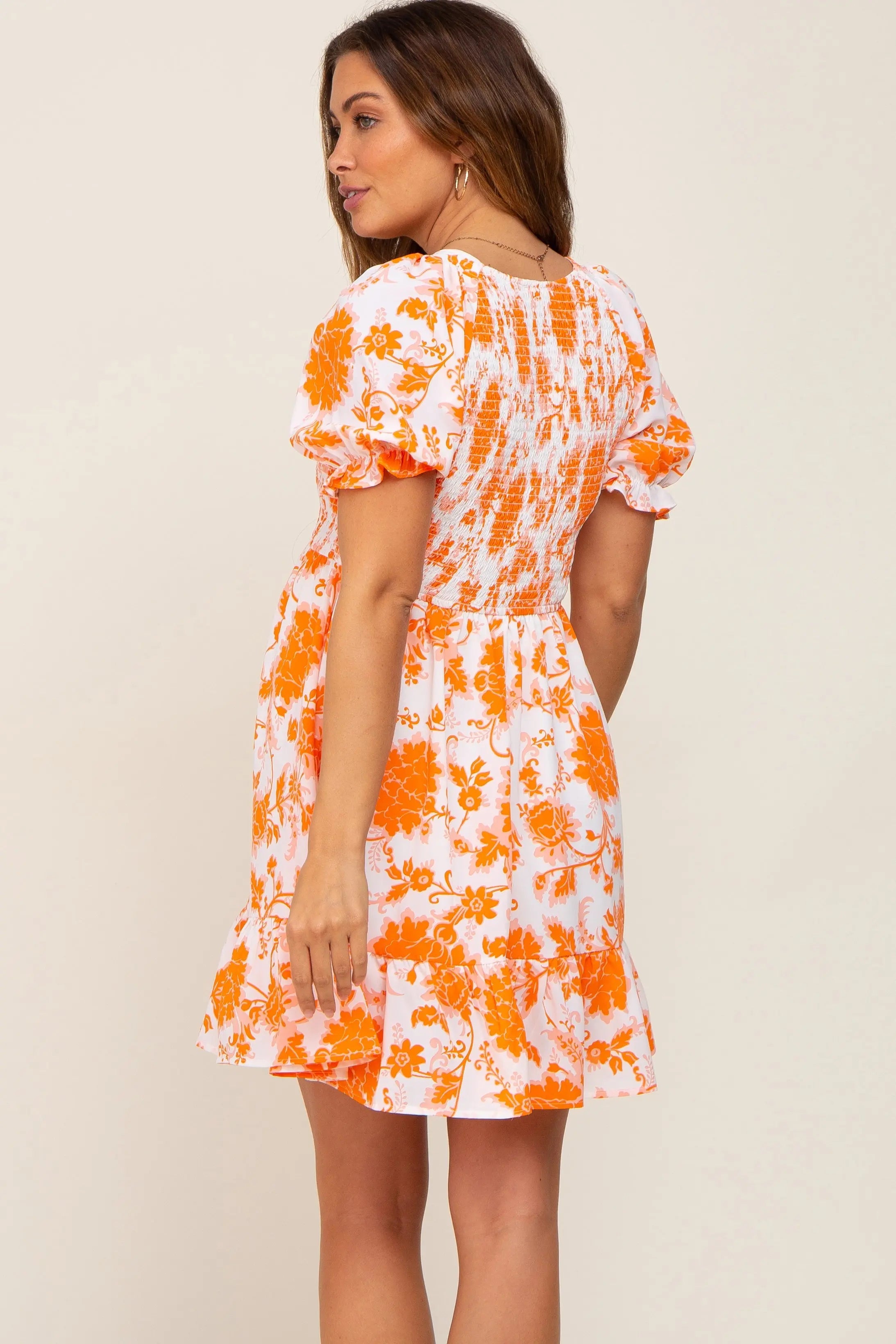 Orange Floral Smocked Puff Sleeve Maternity Dress PinkBlush
