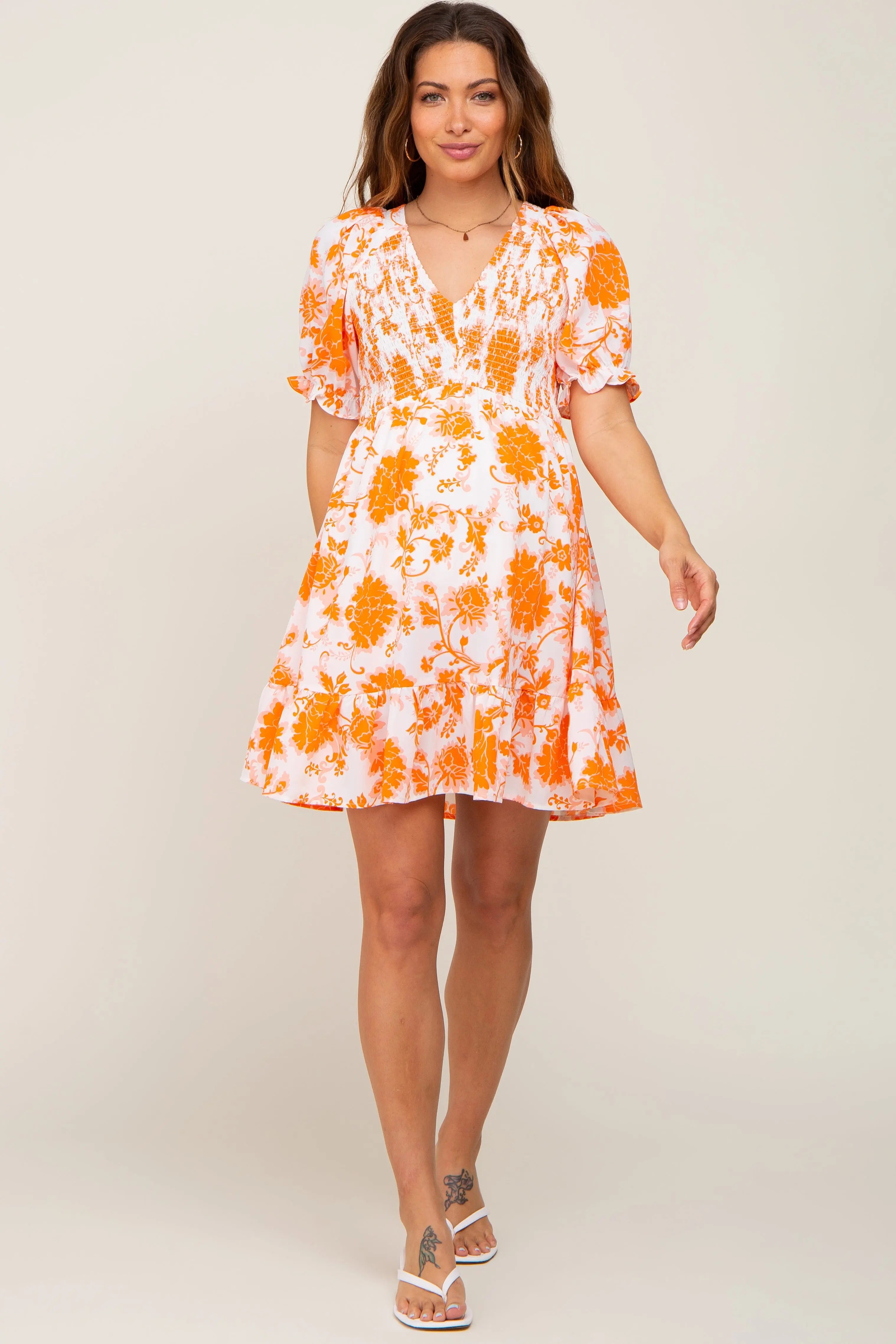 Orange Floral Smocked Puff Sleeve Maternity Dress PinkBlush