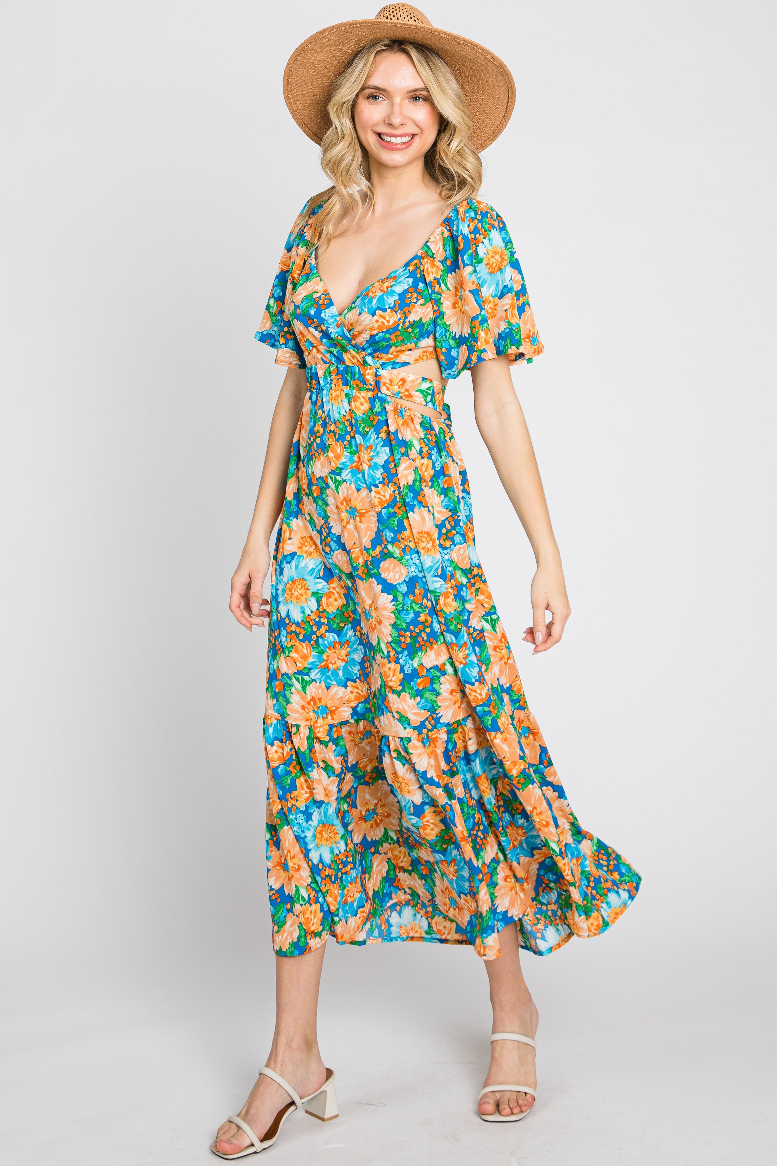 Multi-Color Floral Wrap Front Cutout Back Maternity Midi Dress PinkBlush