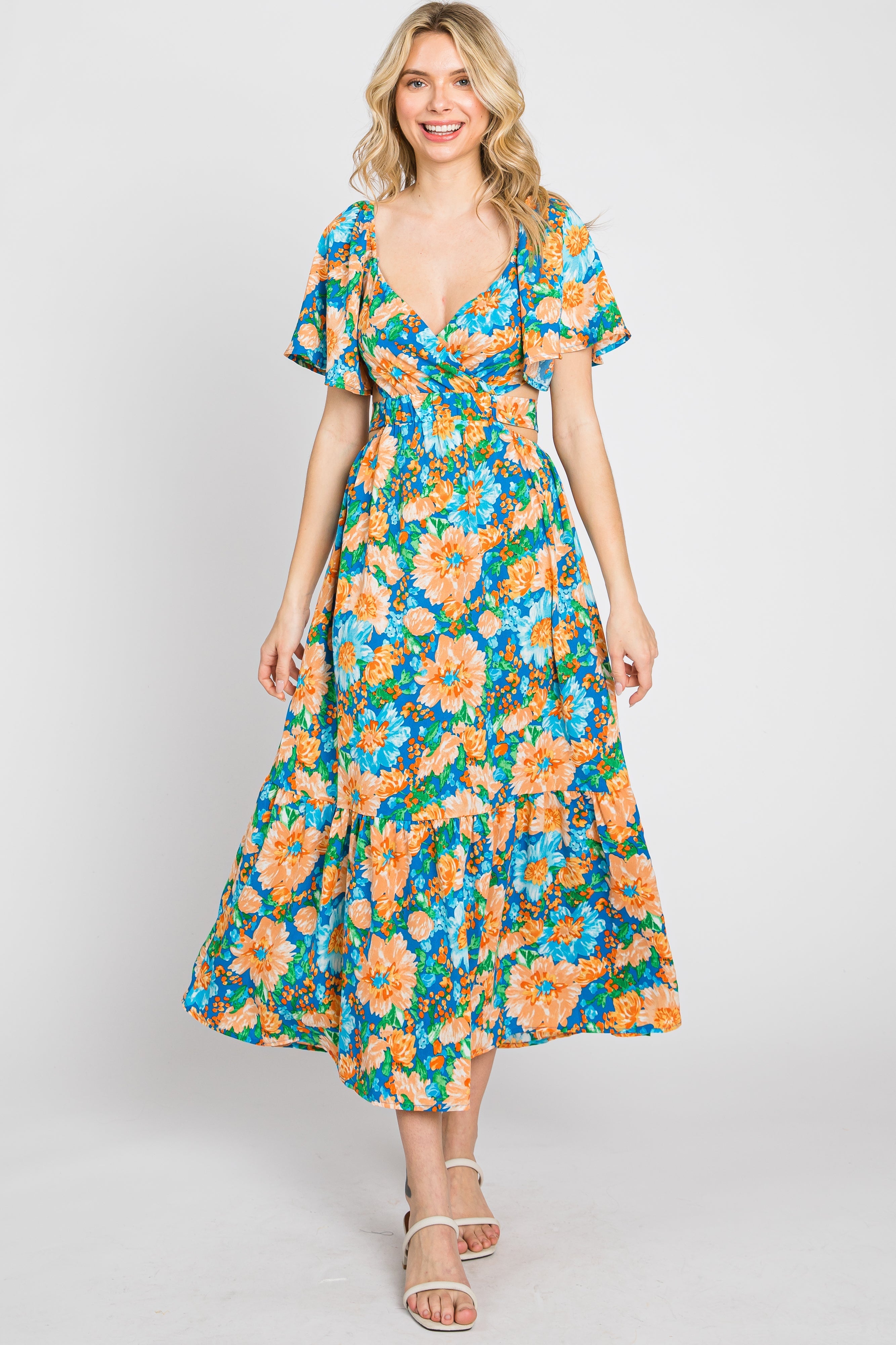 Multi-Color Floral Wrap Front Cutout Back Midi Dress PinkBlush
