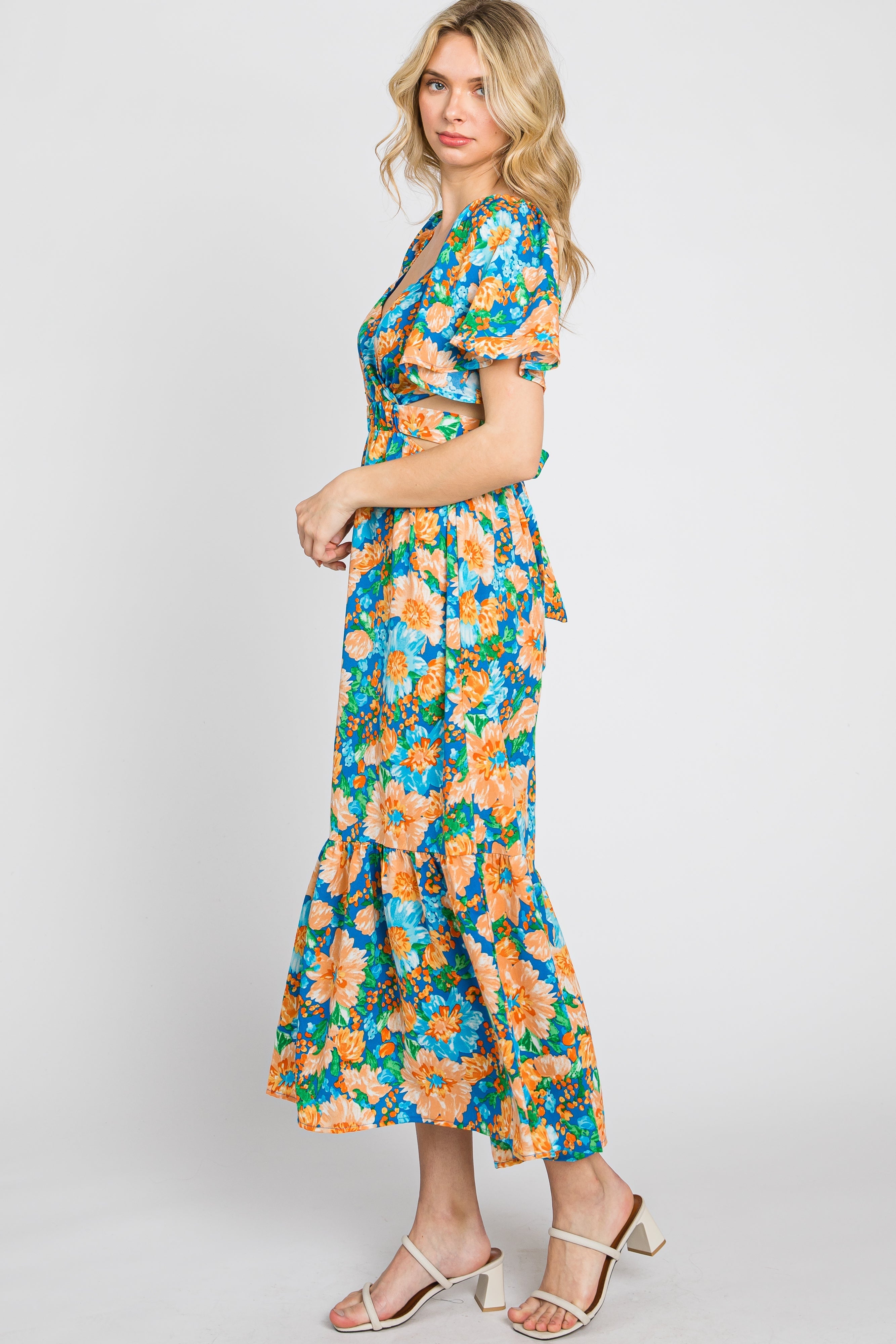 Multi-Color Floral Wrap Front Cutout Back Midi Dress PinkBlush