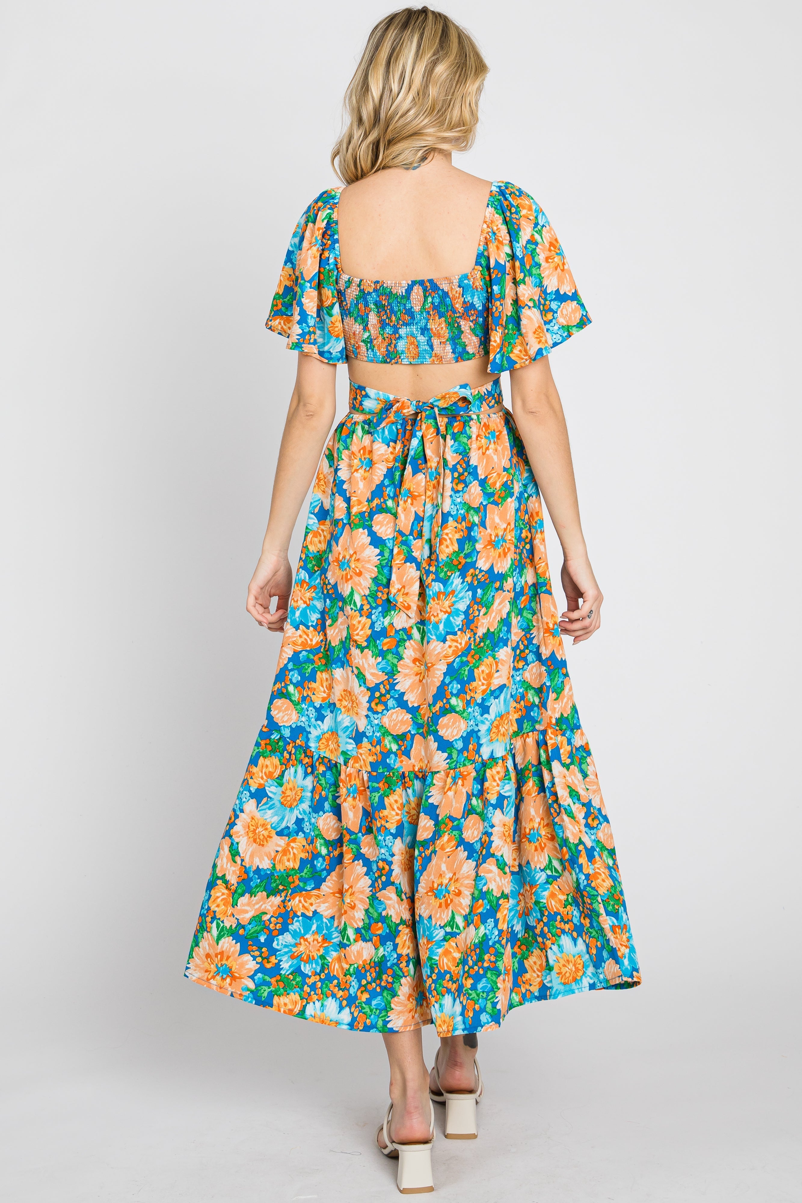 Multi-Color Floral Wrap Front Cutout Back Midi Dress PinkBlush