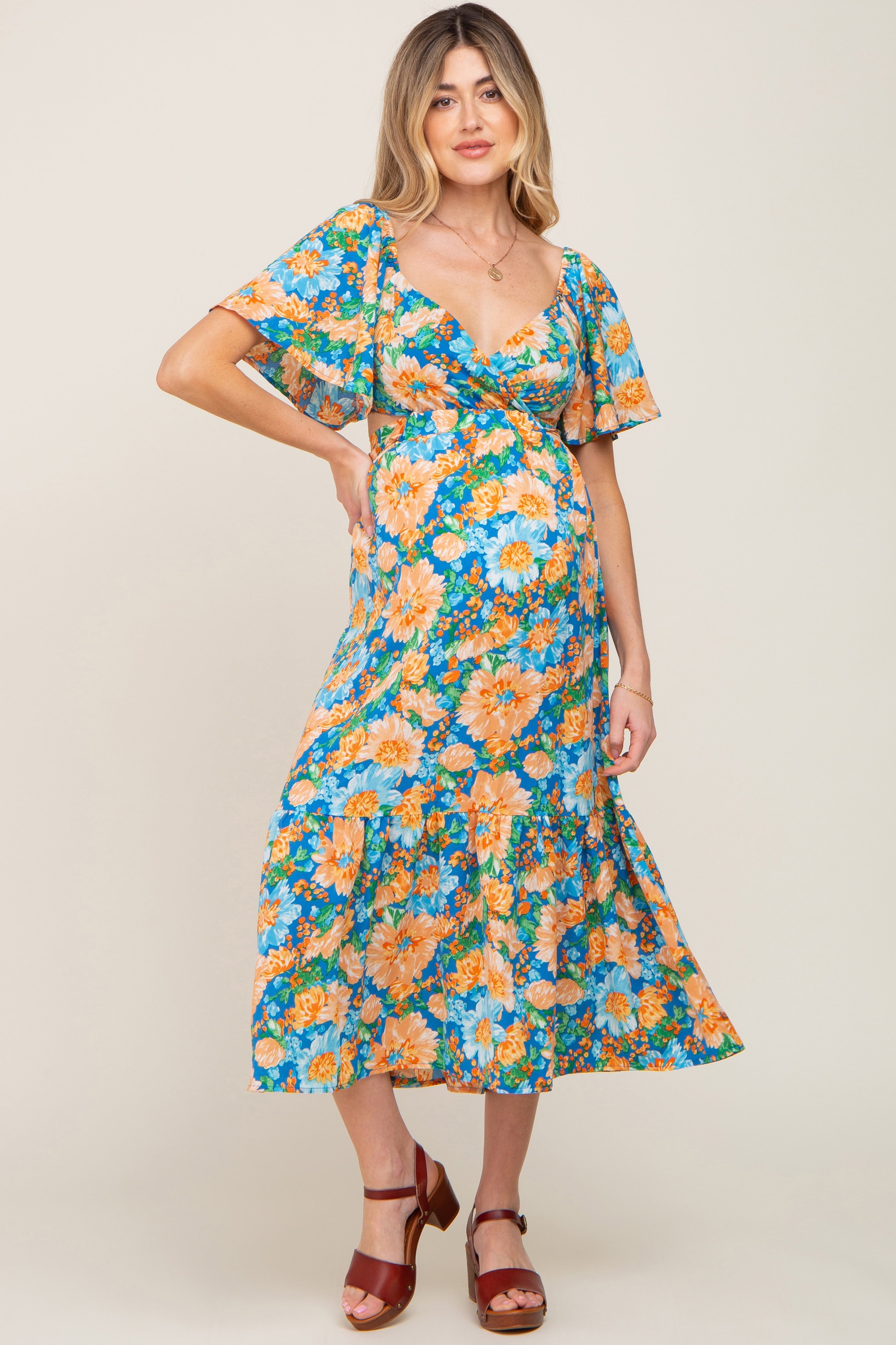 Multi-Color Floral Wrap Front Cutout Back Maternity Midi Dress PinkBlush