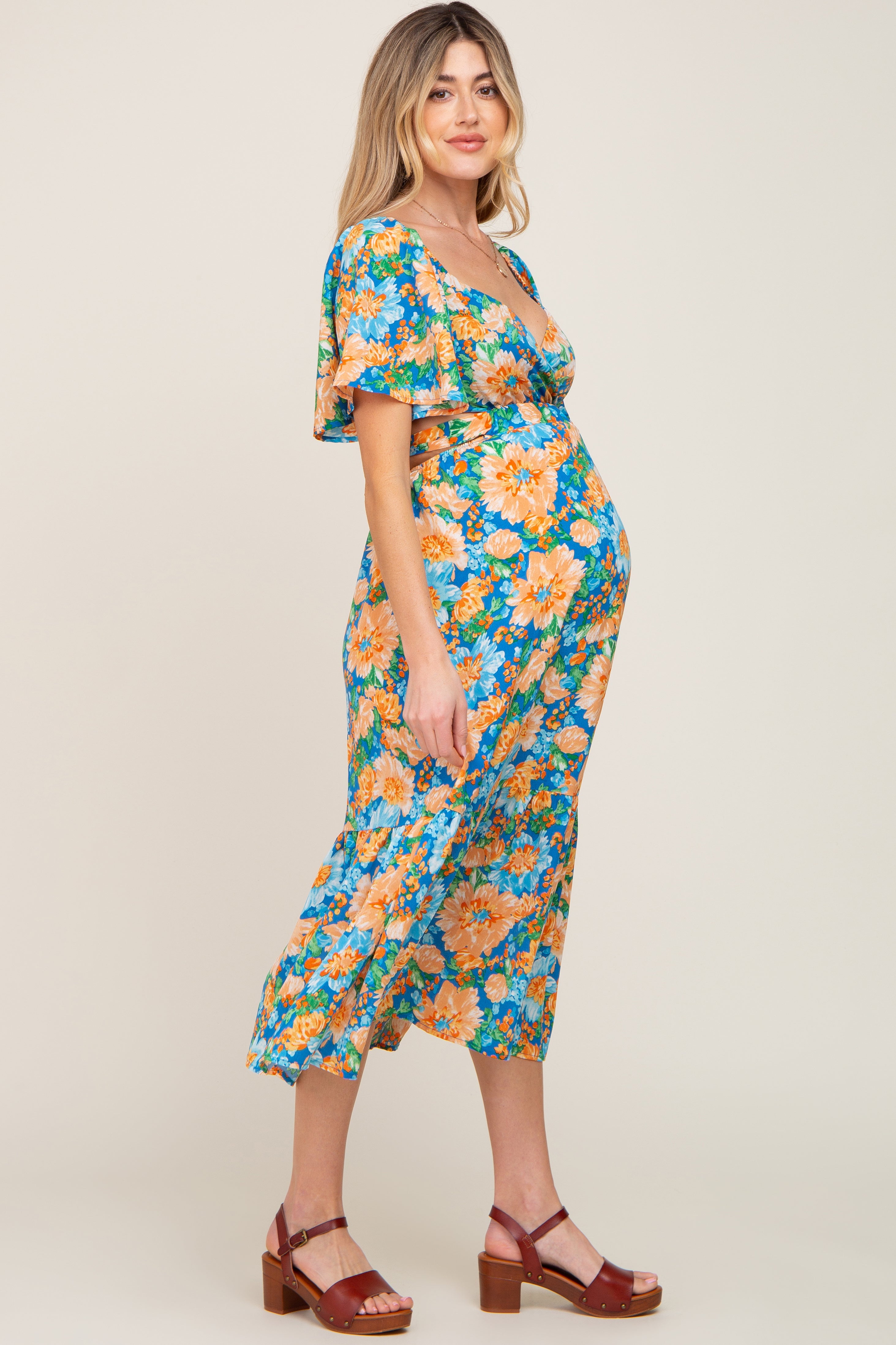 Multi-Color Floral Wrap Front Cutout Back Maternity Midi Dress PinkBlush