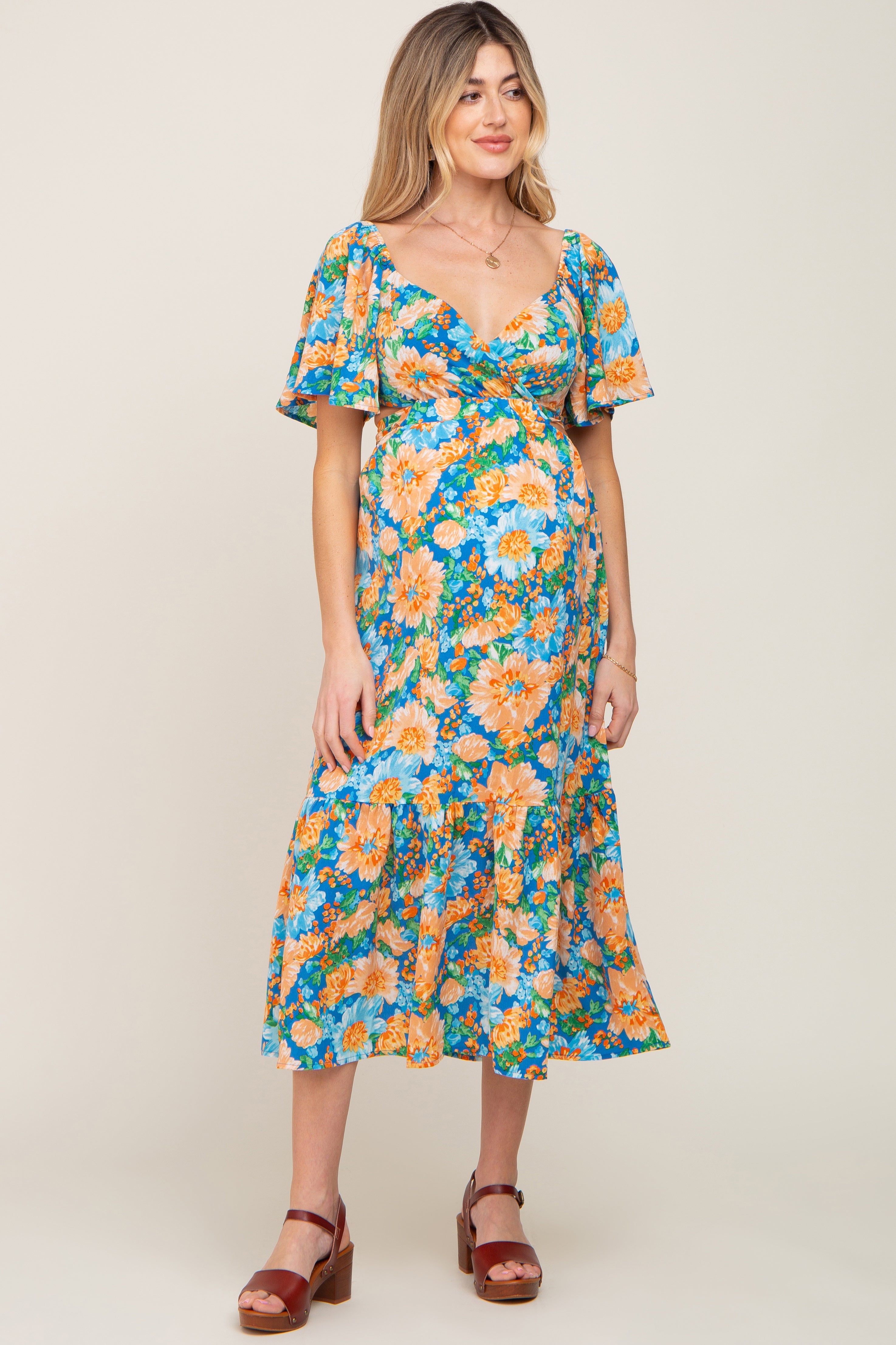 Multi-Color Floral Wrap Front Cutout Back Maternity Midi Dress PinkBlush
