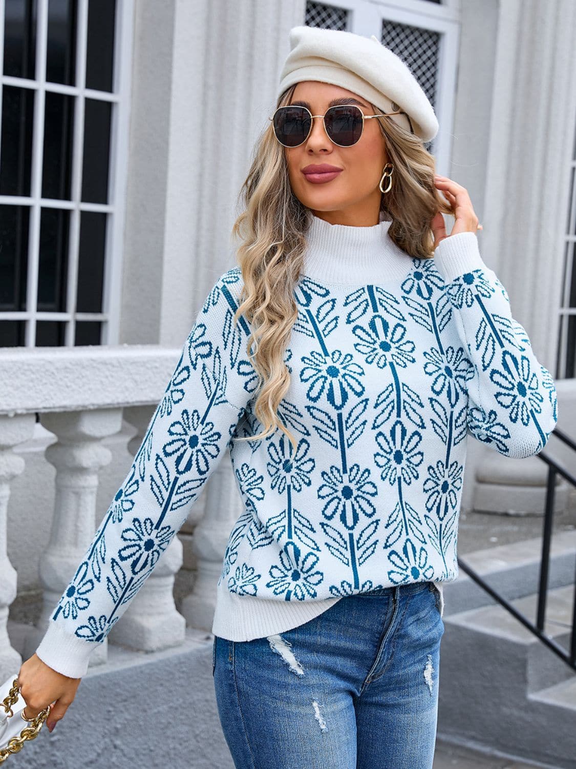 Flower Turtleneck Long Sleeve Sweater.