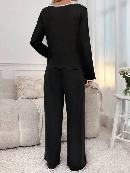 Notched Collar Long Sleeve Lounge Set with Contrast Trim and Drawstring Pants