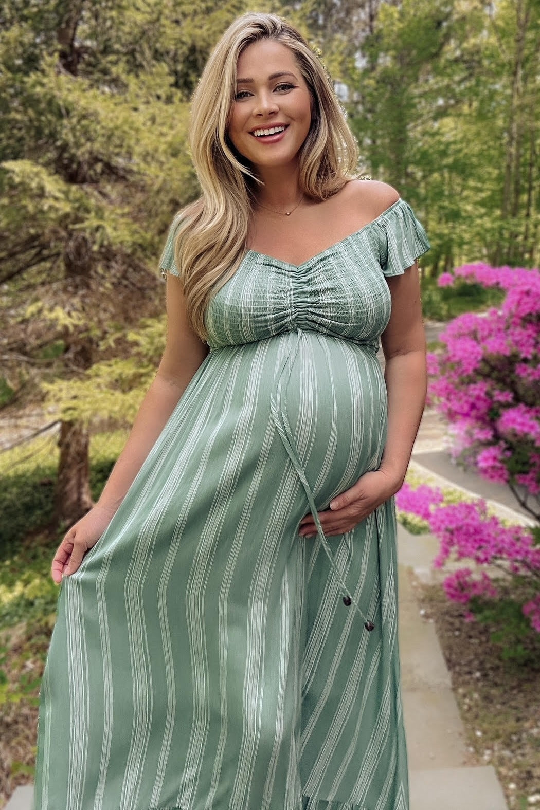 Green Striped Off Shoulder Front Tie Maternity Maxi Dress PinkBlush