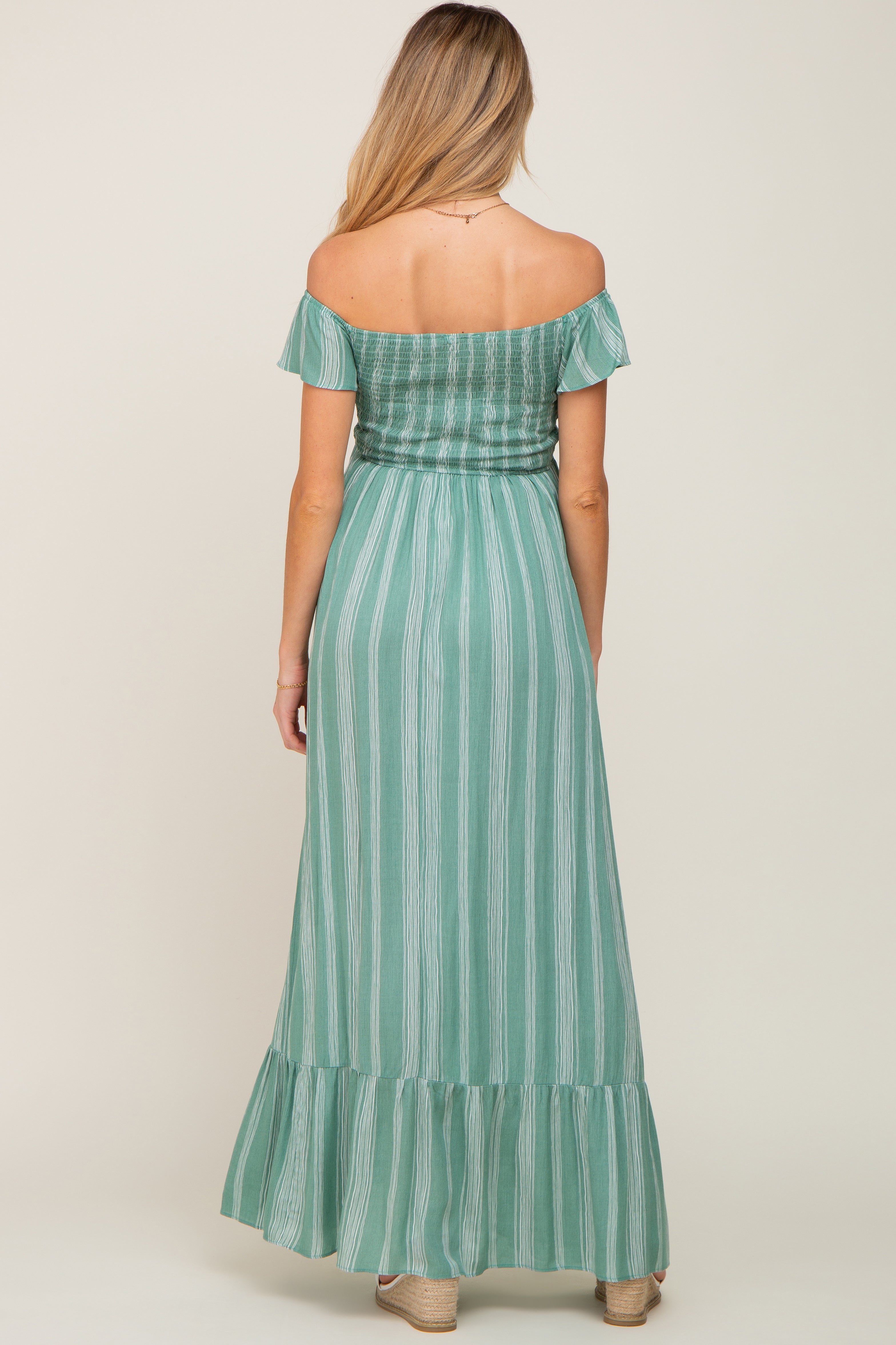 Green Striped Off Shoulder Front Tie Maternity Maxi Dress PinkBlush