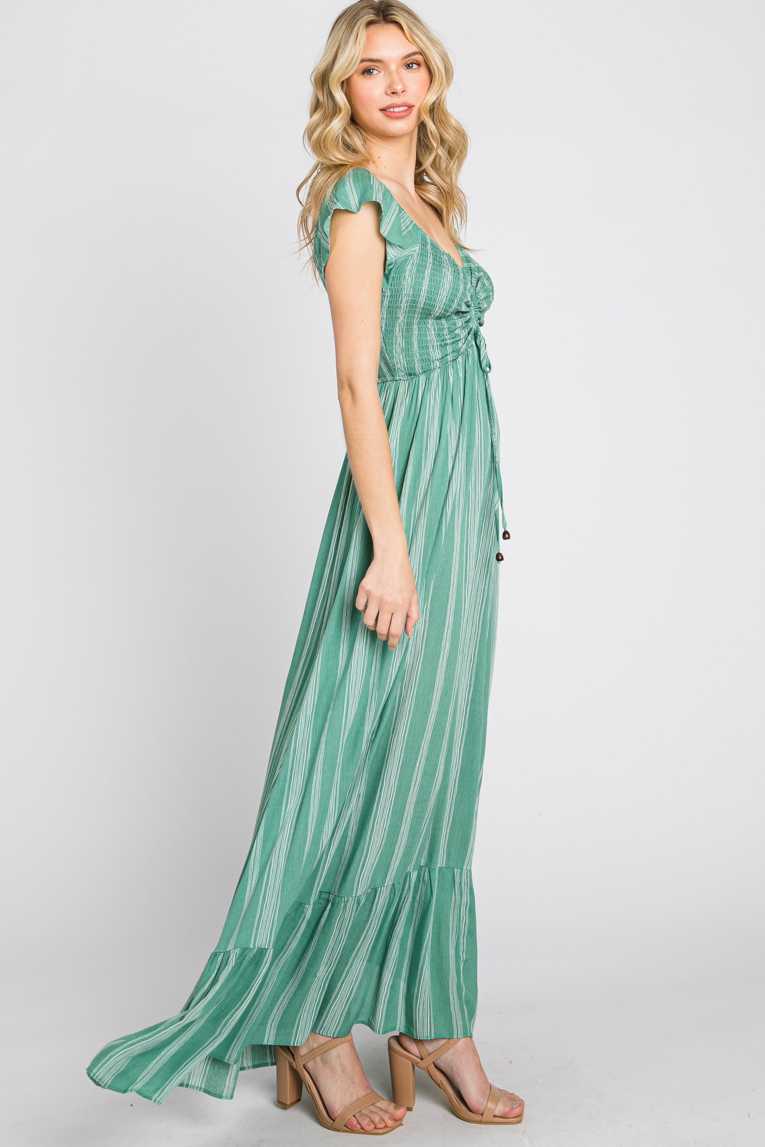 Green Striped Off Shoulder Front Tie Maxi Dress PinkBlush