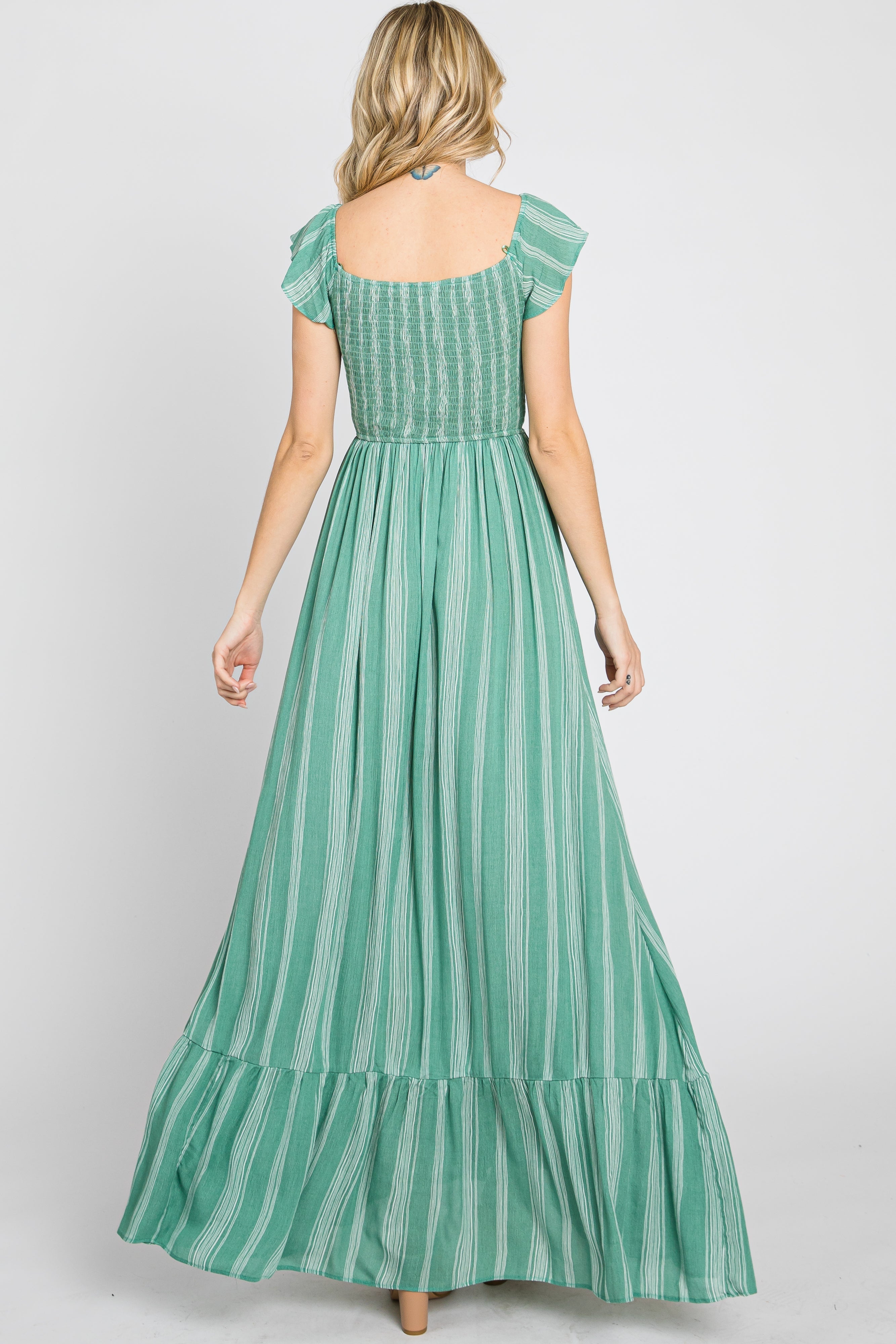 Green Striped Off Shoulder Front Tie Maxi Dress PinkBlush