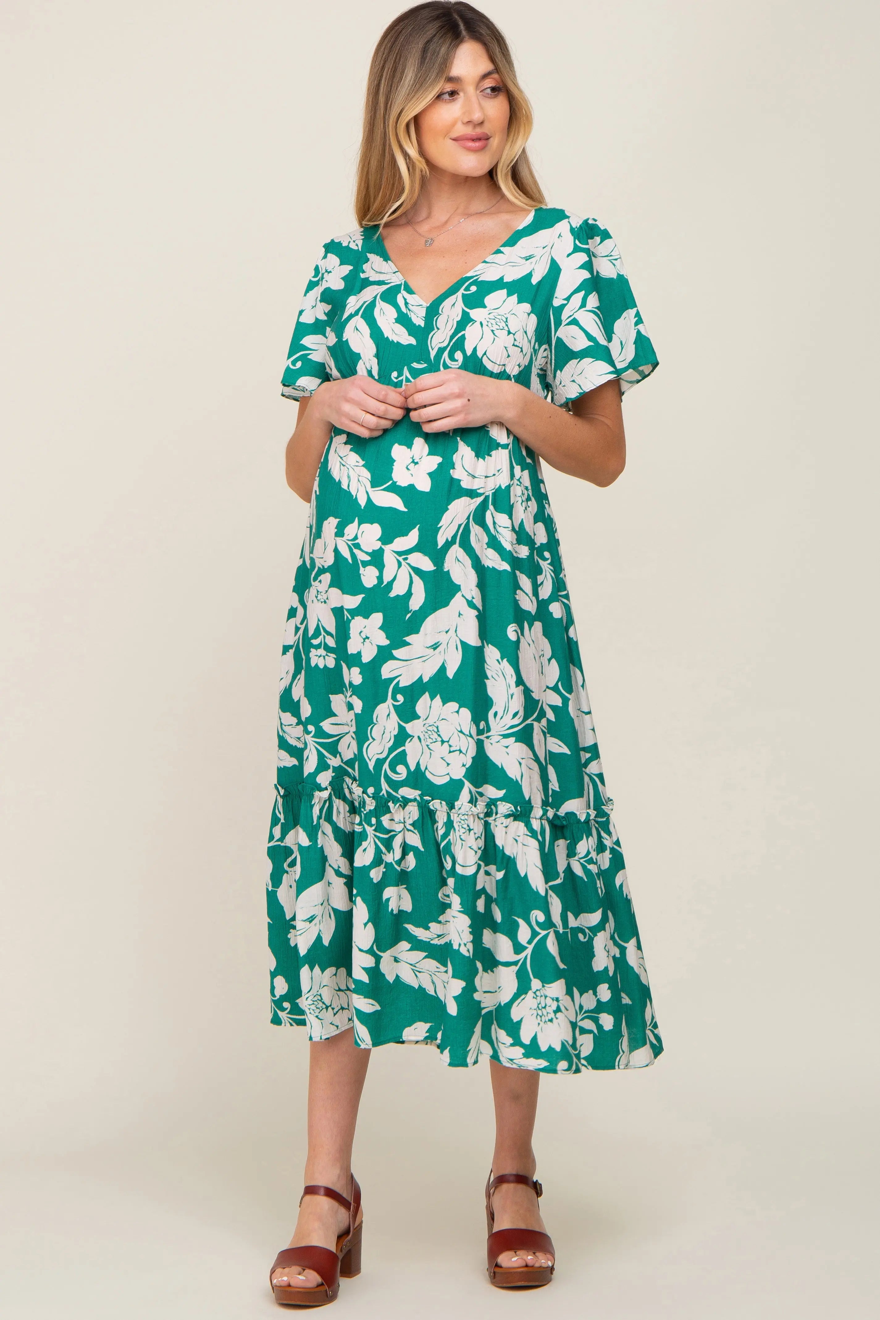 Green Tropical Print Maternity Midi Dress With Ruffle Sleeves V Neck PinkBlush