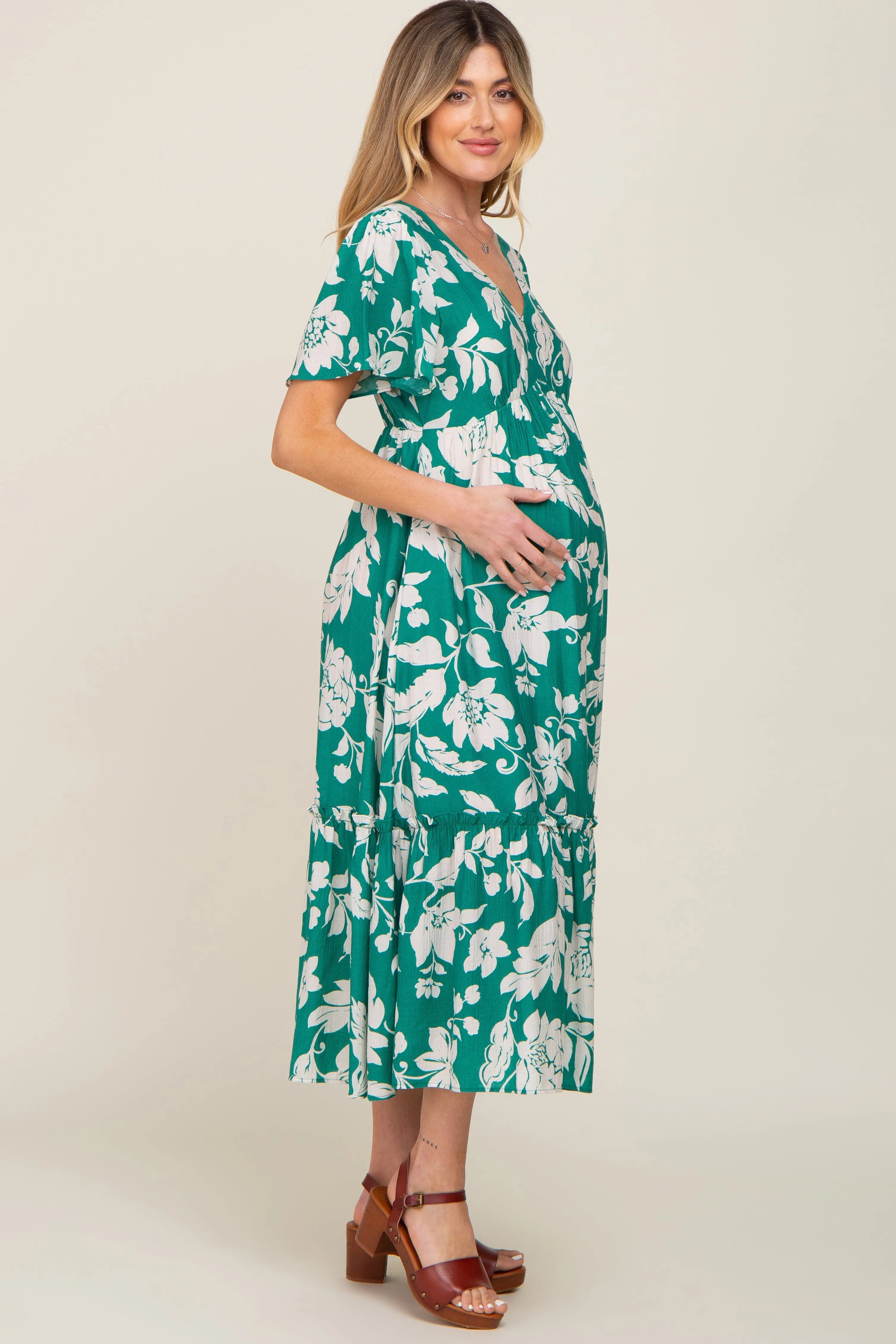 Green Tropical Print Maternity Midi Dress With Ruffle Sleeves V Neck PinkBlush
