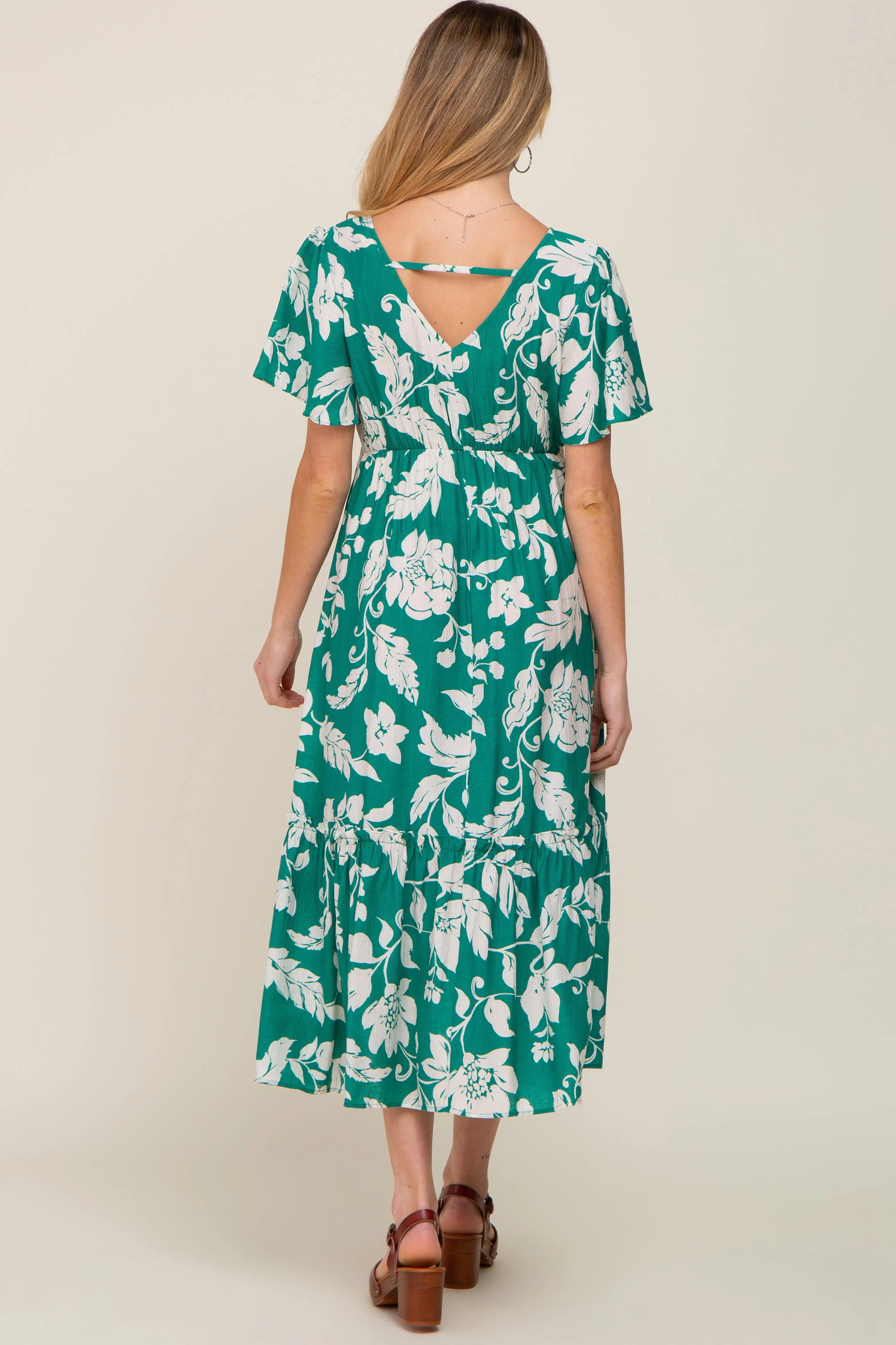 Green Tropical Print Maternity Midi Dress With Ruffle Sleeves V Neck PinkBlush