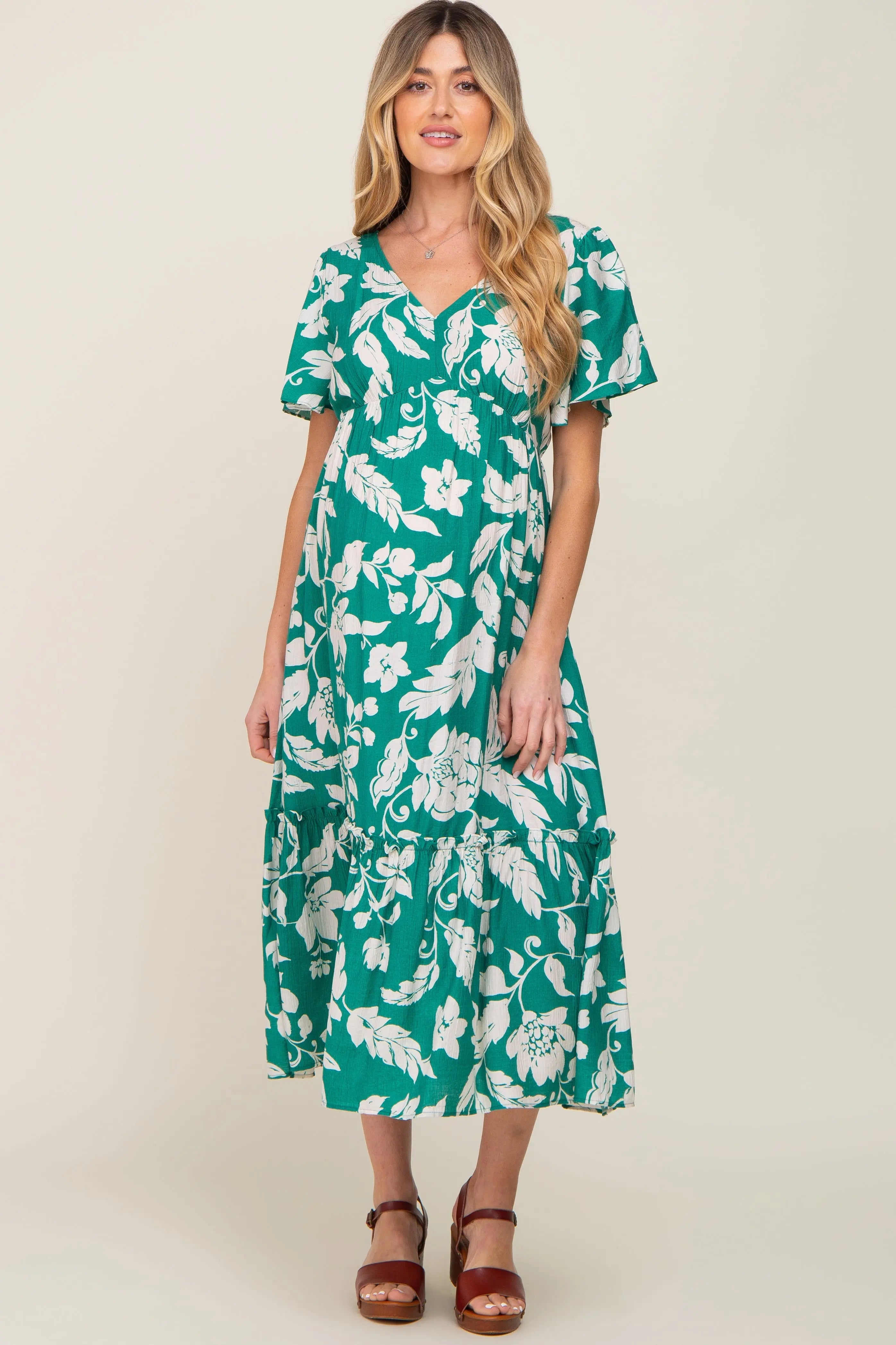 Green Tropical Print Maternity Midi Dress With Ruffle Sleeves V Neck PinkBlush