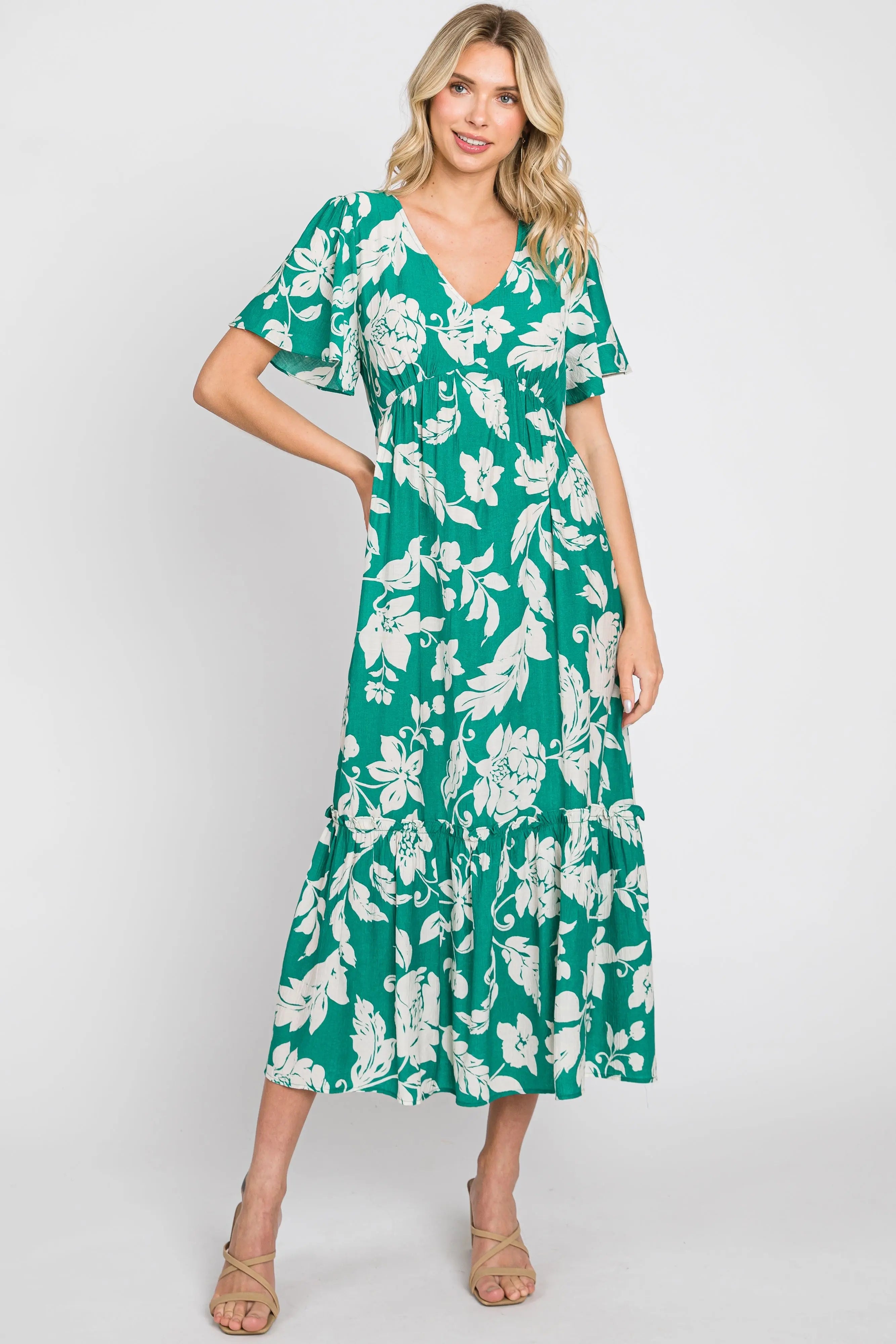Green Tropical Print Maternity Midi Dress With Ruffle Sleeves V Neck PinkBlush