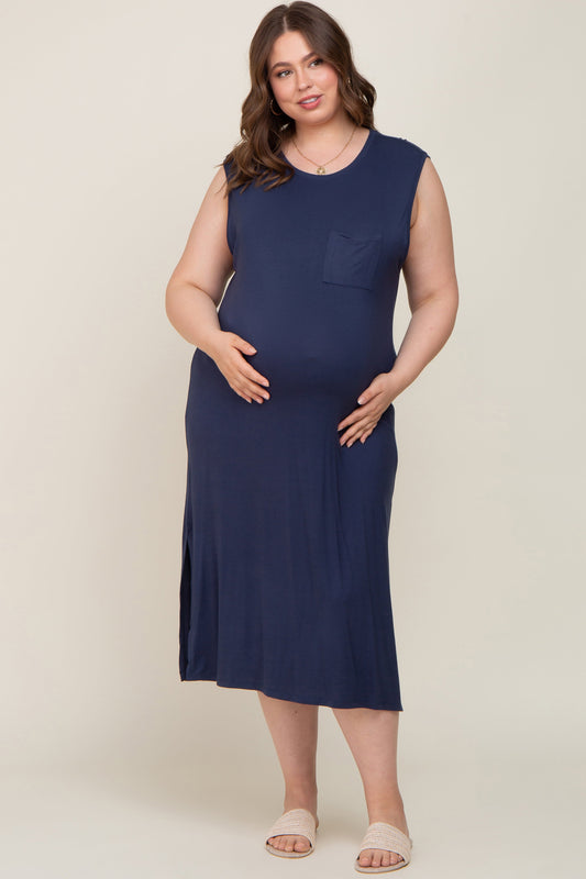 PinkBlush Navy Sleeveless Front Pocket Maternity Plus Midi Dress - Main Product Image