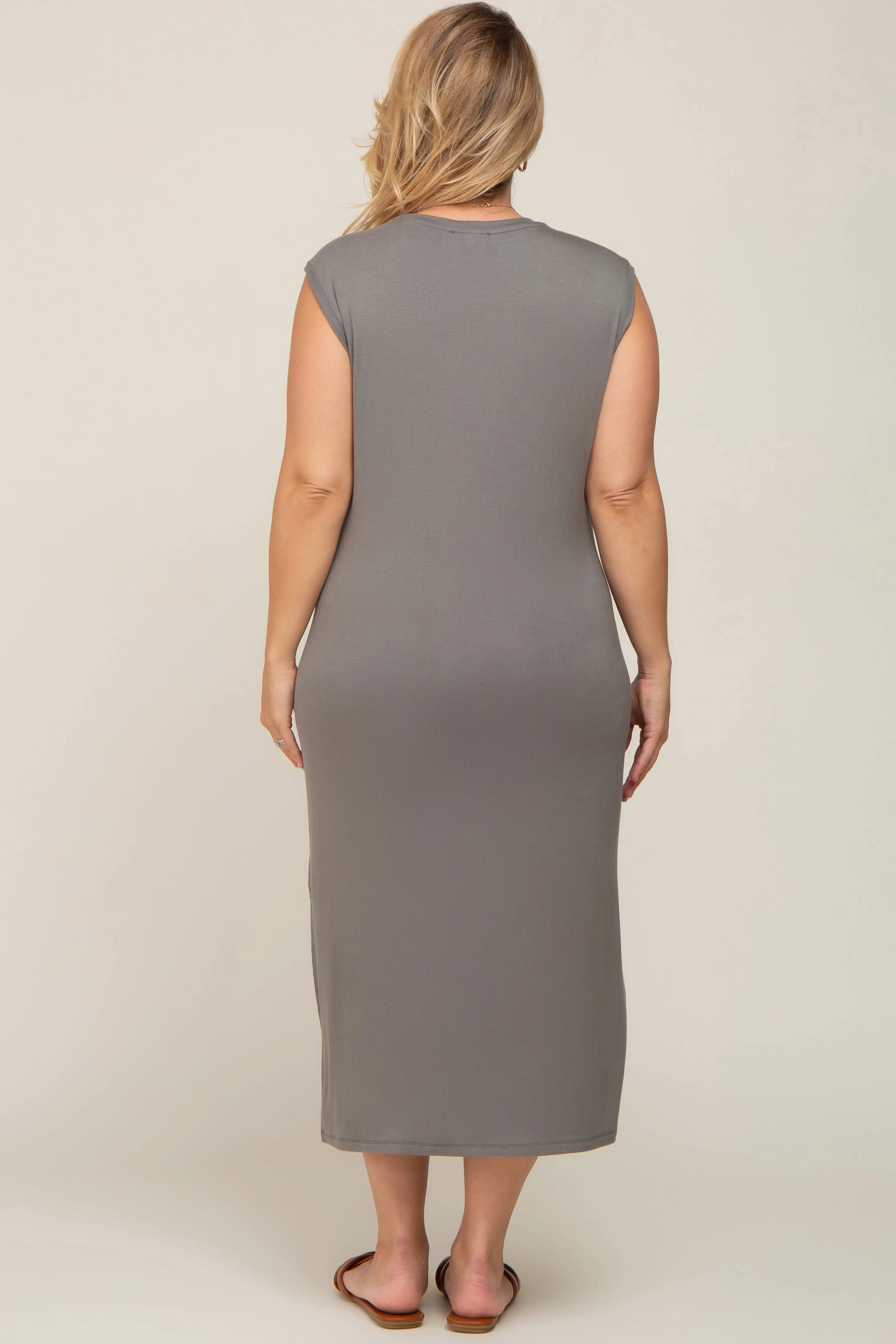 Olive Sleeveless Front Pocket Maternity Plus Midi Dress PinkBlush