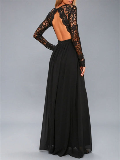 Backless elegance: Lace detail long sleeve maxi dress