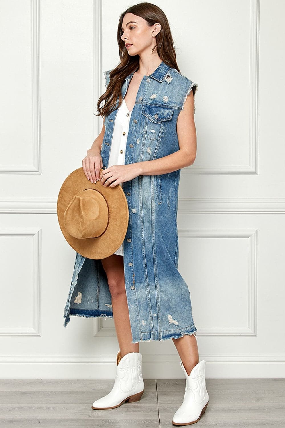 Veveret Full Size Distressed Sleeveless Longline Denim Jacket.