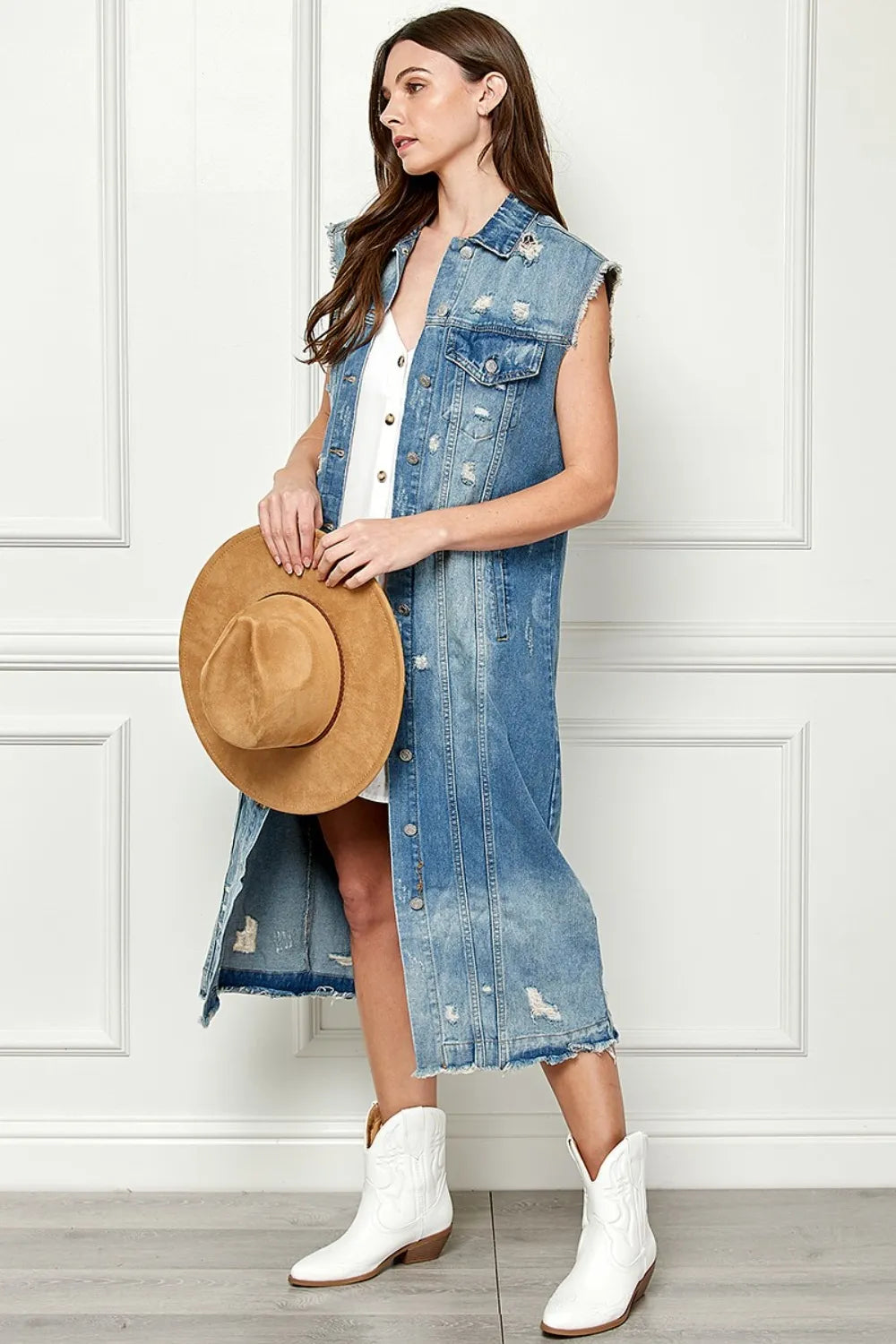 Veveret Full Size Distressed Sleeveless Longline Denim Jacket - Love Salve 