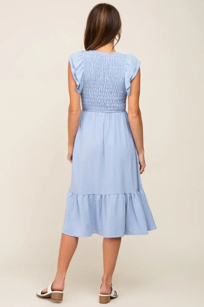 Light Blue Smocked Layered Ruffle Flutter Sleeve Midi Dress PinkBlush
