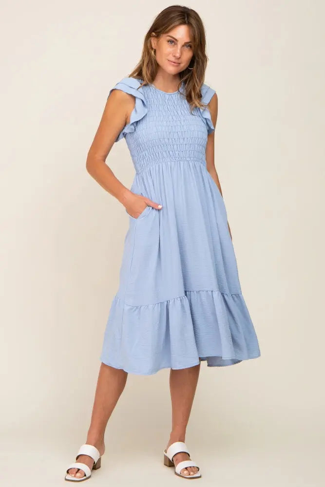 Light Blue Smocked Layered Ruffle Flutter Sleeve Midi Dress PinkBlush