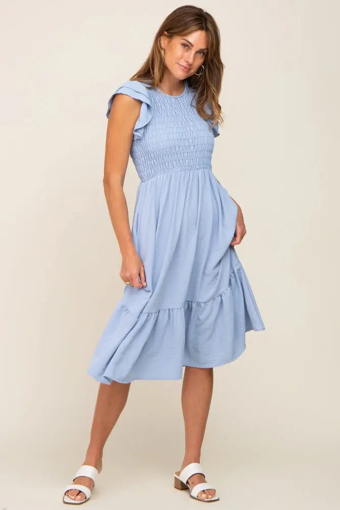 Light Blue Smocked Layered Ruffle Flutter Sleeve Midi Dress PinkBlush