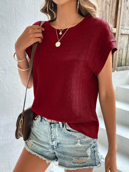 Textured Round Neck Short Sleeve Top.