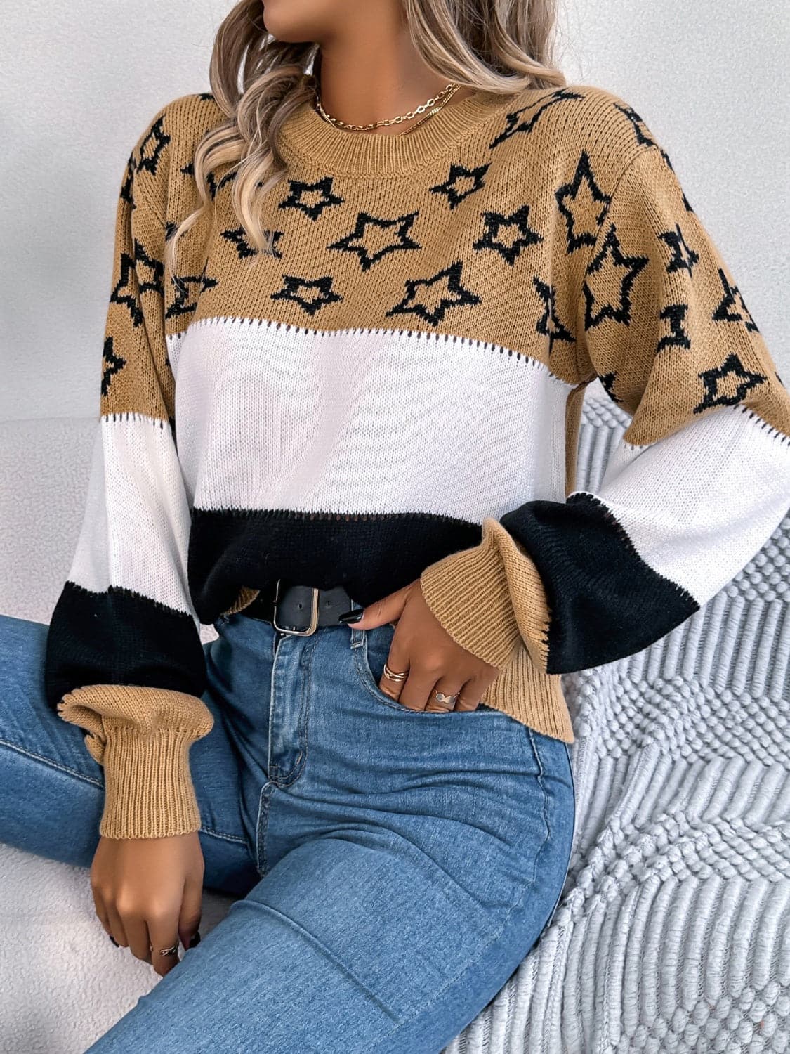 Star Contrast Round Neck Sweater.