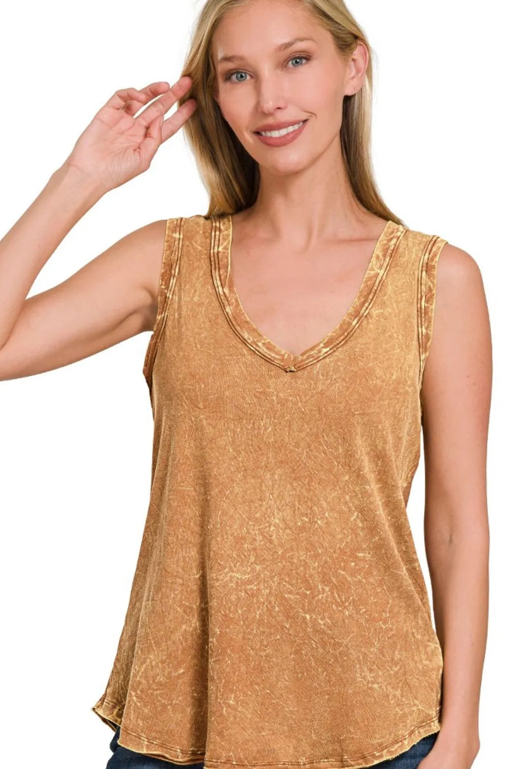 Zenana Crinkle Washed V-neck Sleeveless Top - Love Salve 