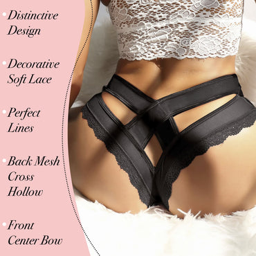 Love Salve Plus Size Black Thong with Cross Back Hollowed Out Pattern Low-Rise Panty for Women