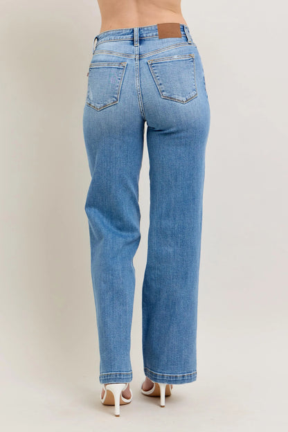 Judy Blue Plus Size High Waist Straight Leg Jeans in Medium Blue Wash - Love Salve 