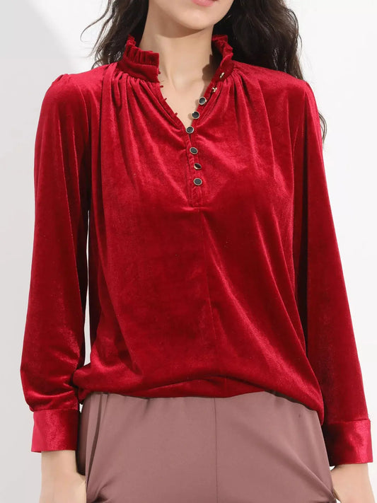 Elegant Velvet Ruffle Neck Blouse Simply Love