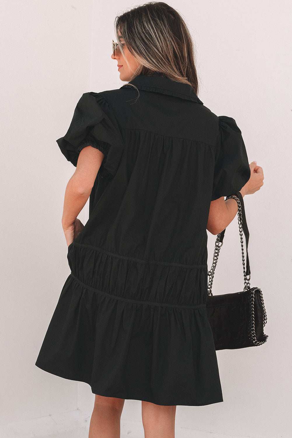 Chic Black Puff Sleeve Ruffle Hem Button Down Dress