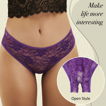 Love Salve Crotchless Floral Lace, Mid-Rise Thong for Women Purple