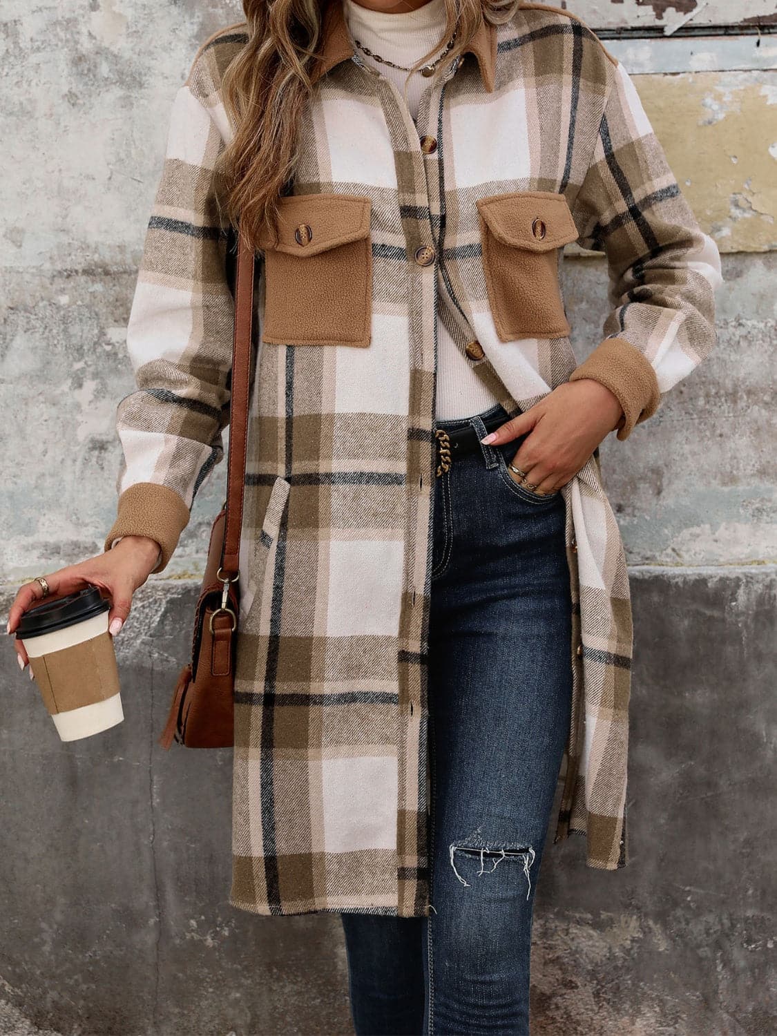 Plaid Button Up Long Sleeve Coat.