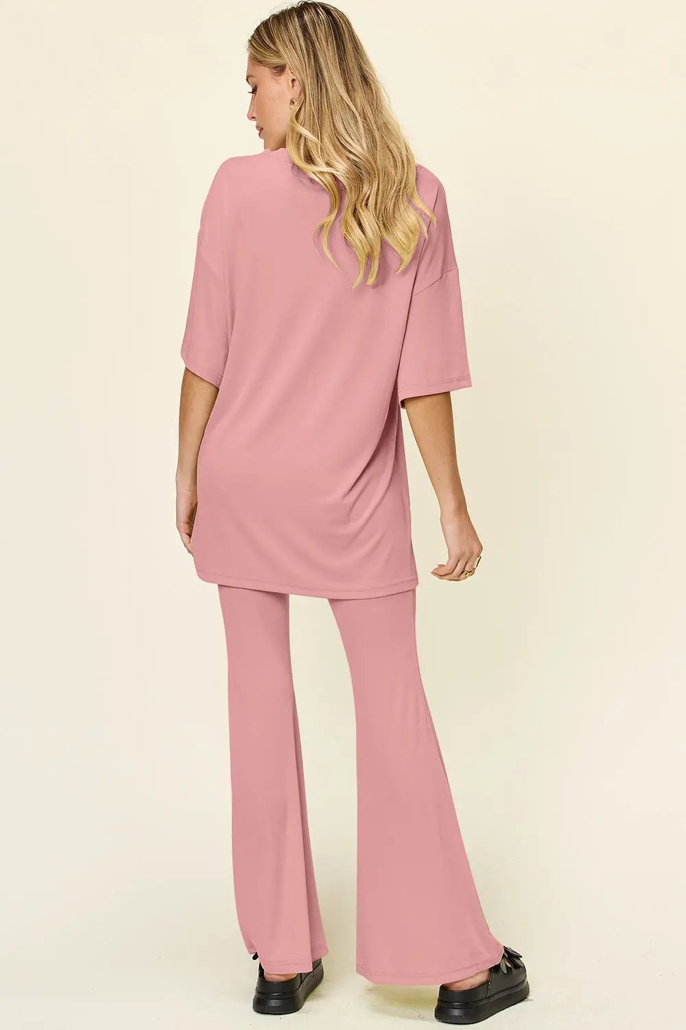Double Take Full Size Round Neck Drop Shoulder T-Shirt and Flare Pants Set - Love Salve