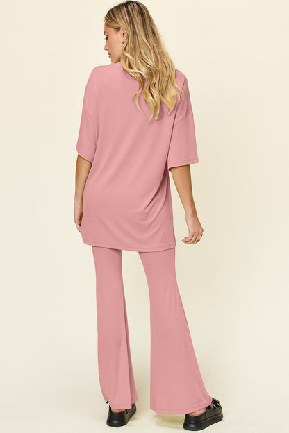 Double Take Full Size Round Neck Drop Shoulder T-Shirt and Flare Pants Set.