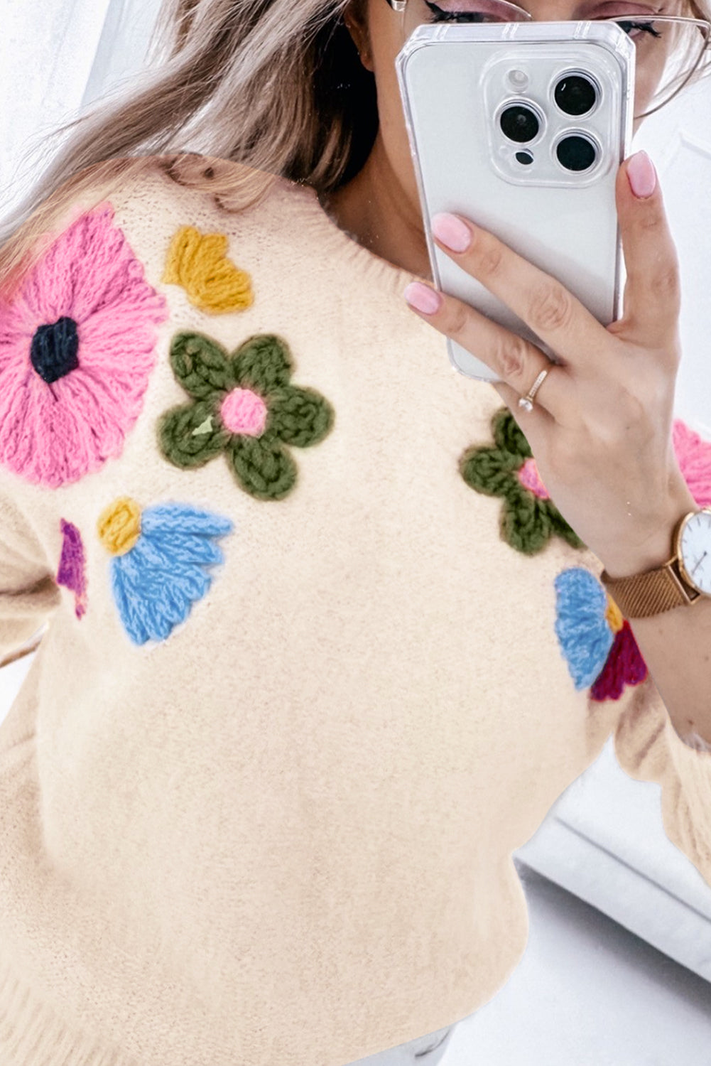 Cozy beige plus size floral crochet pullover sweater