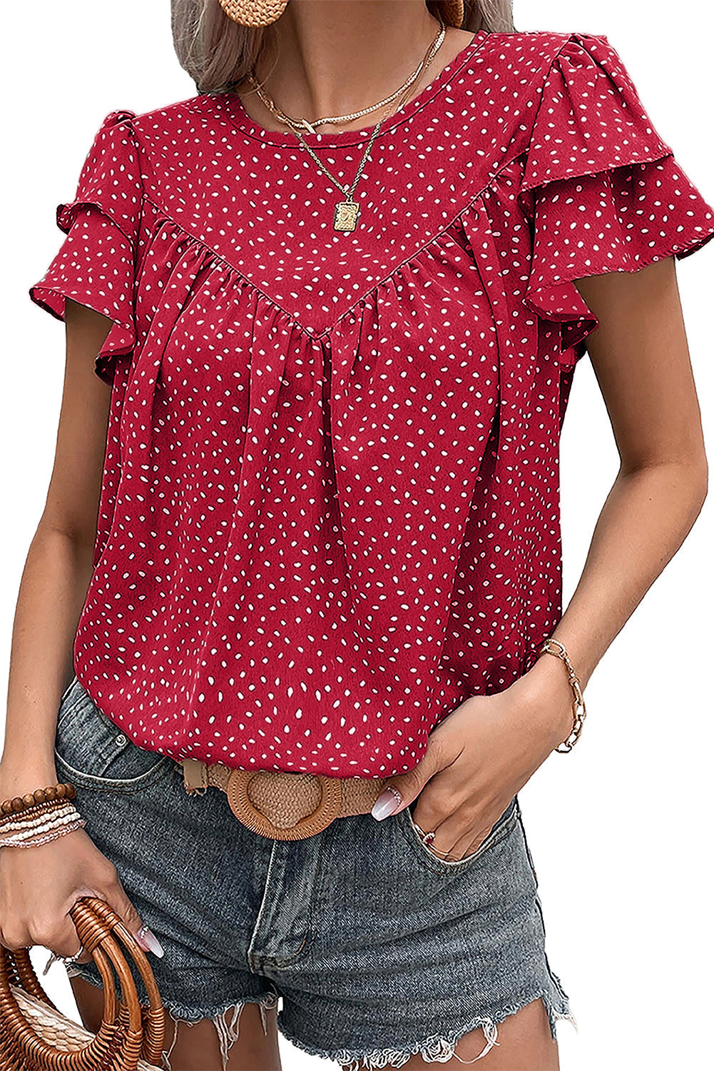Fiery Red Spotted Print Pleated Ruffle Sleeve Blouse Divine Design4U