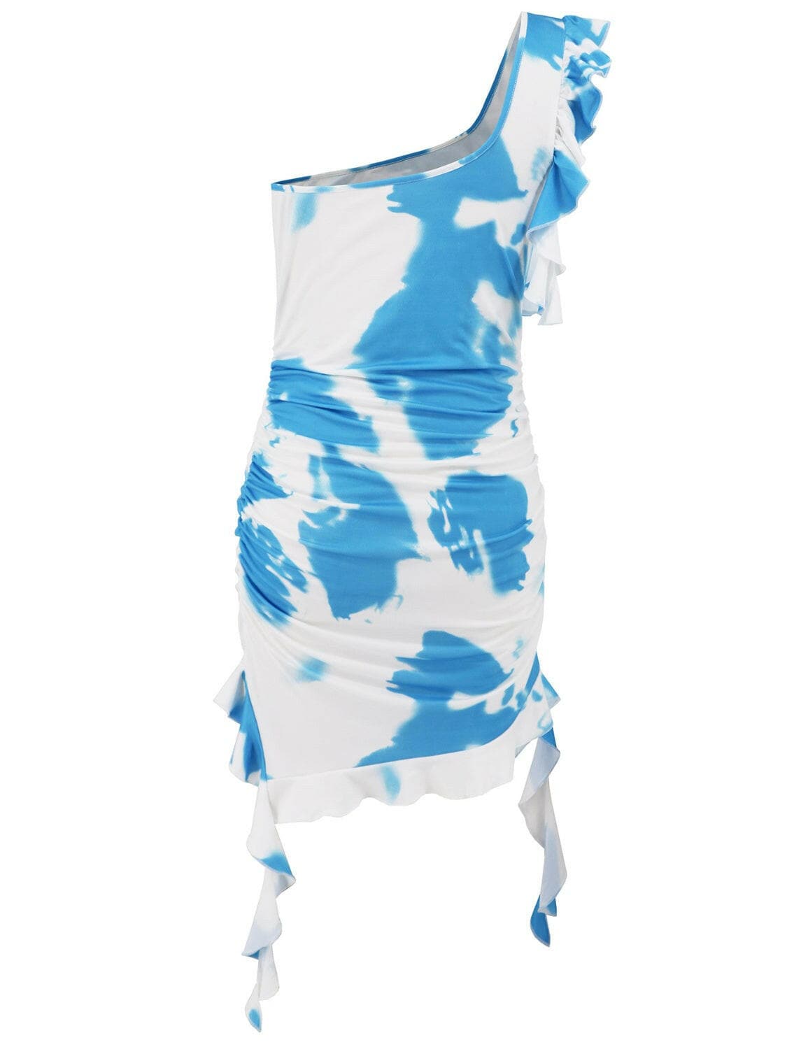 Ruffled Tie-Dye Single Shoulder Mini Dress.