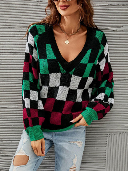 Checkered V-Neck Lantern Sleeve Sweater.