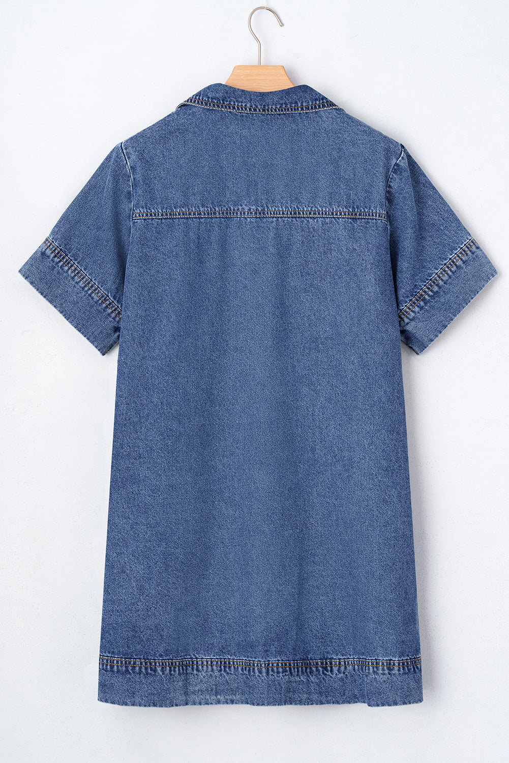 Blue Denim Mini Dress with Short Sleeves and Collared Neckline Featuring Patched Pockets