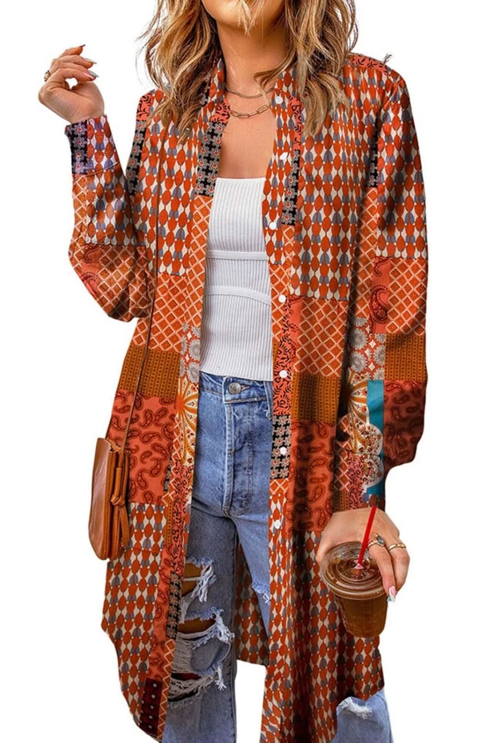 Printed Button Up Long Sleeve Cardigan