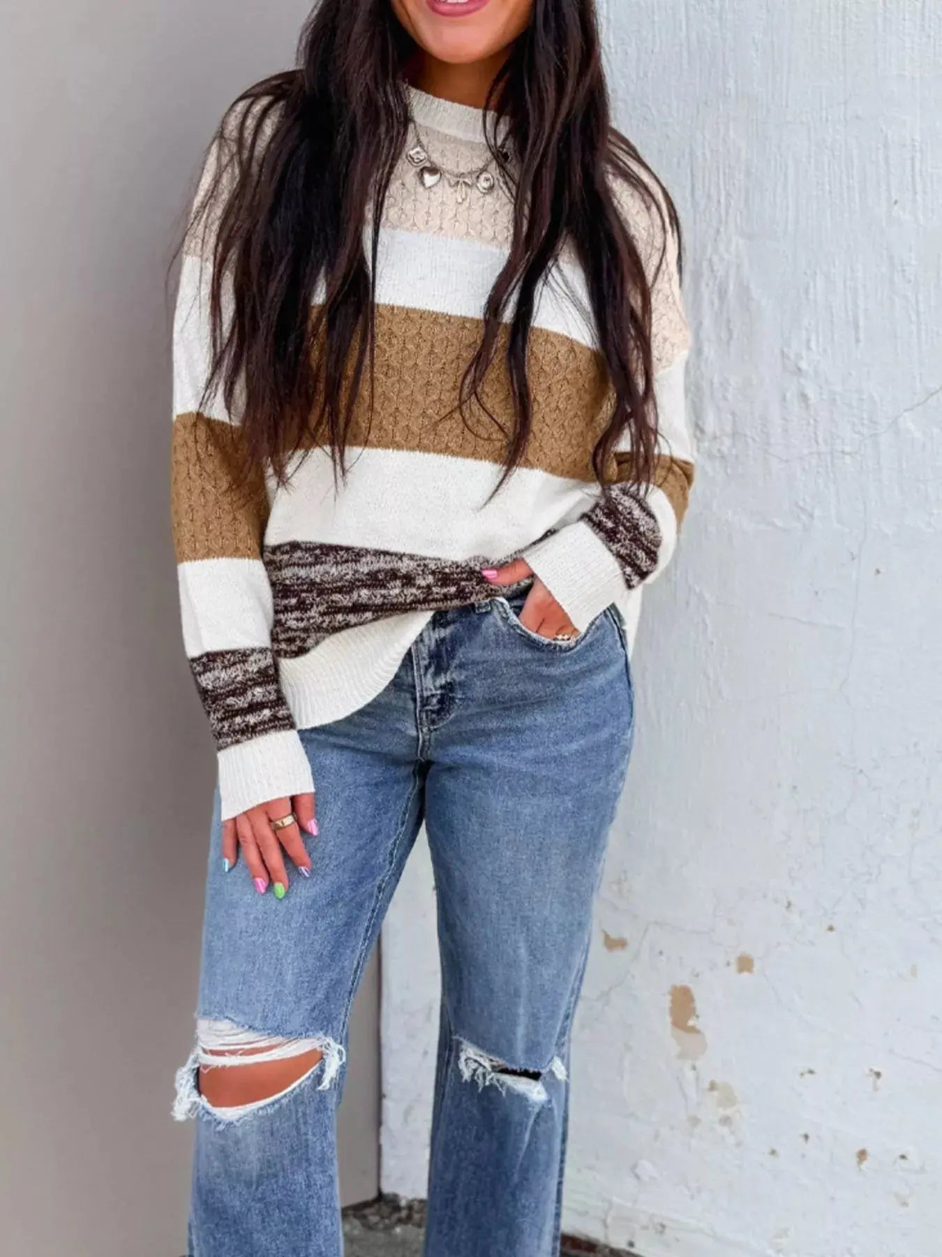 Mixed Texture Knit Striped Color Block Loose Sweater Simply Love