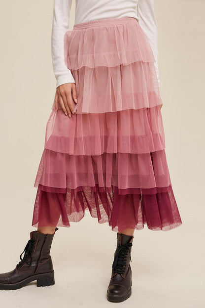 Elastic Waist Layered Tulle Midi Skirt.