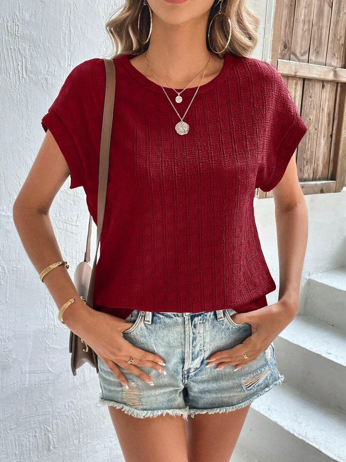 Textured Round Neck Short Sleeve Top.