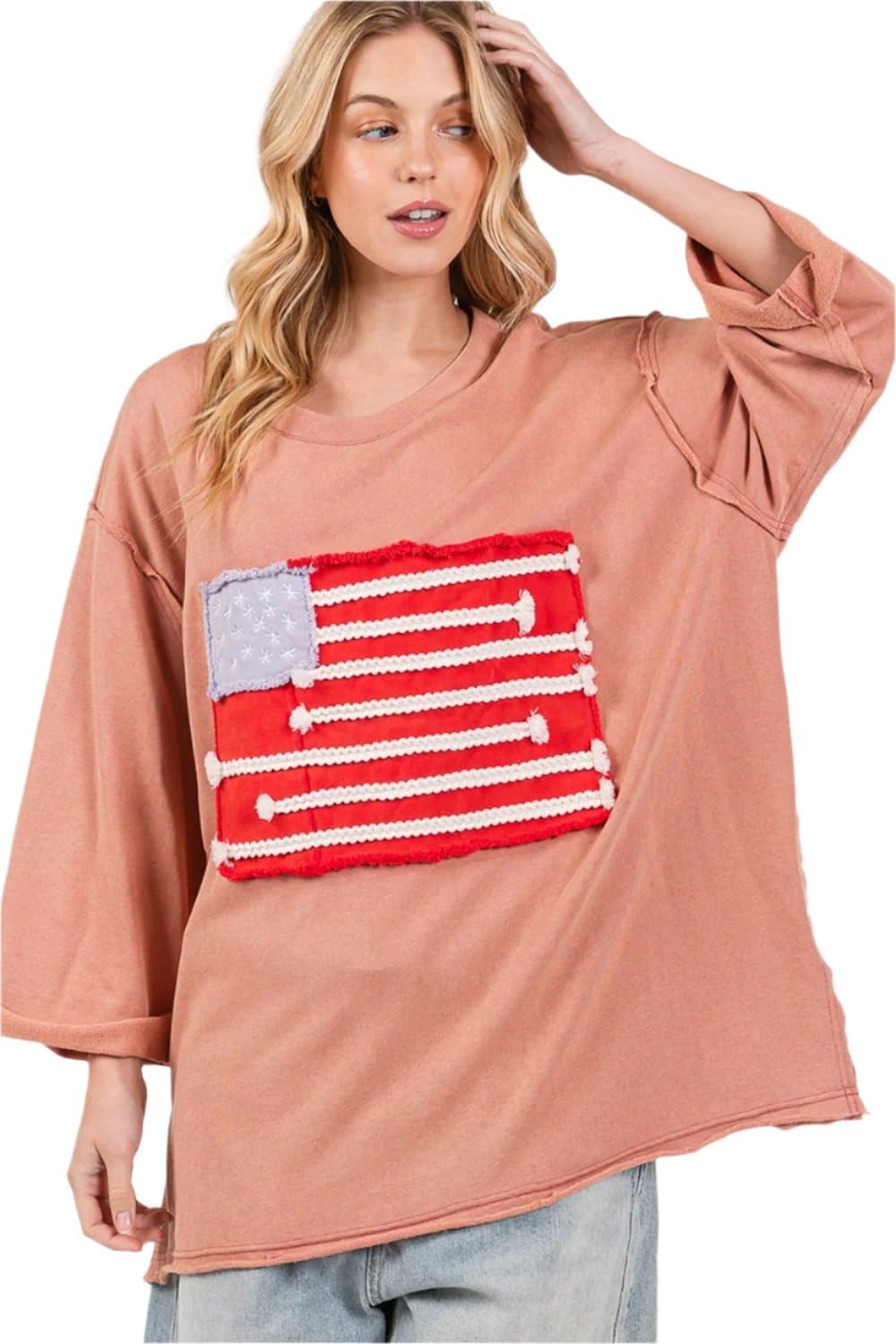 SAGE + FIG Full Size American Flag Patch Drop Shoulder T-Shirt.